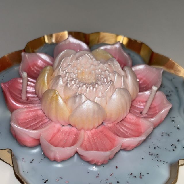 DH-08: A pink lotus on blue wax, in a lotus-shaped metal tray, close-up of the lotus.